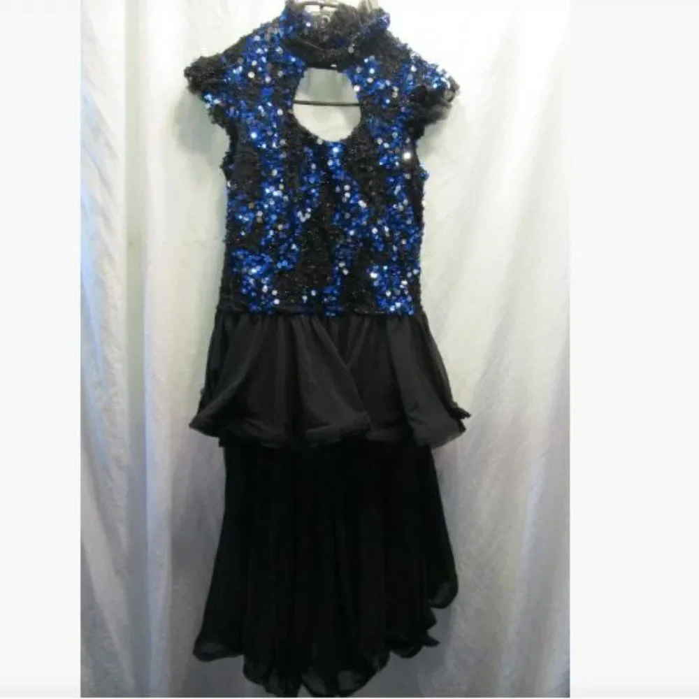 Jazz, Tap, Contempo Dance Costume, Blue sequin with black skirt, Large Child
